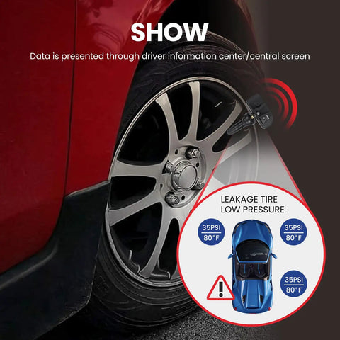 4 Pack Tpms Tire Pressure Monitor Sensors For 2014 2015 Hyundai Tucson 2.0L displayed on tire with low pressure warning.