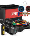 PB Motor Tech vacuum pump kit with 4.5 CFM, 1/3 HP, three-way manifold gauge set, hoses, and carry case