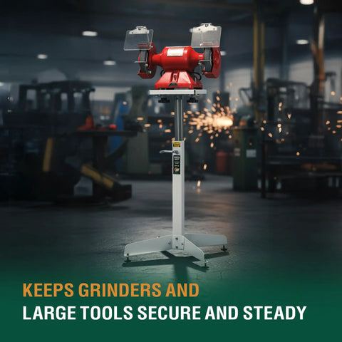 Adjustable Bench Grinder Stand Pedestal With Pre Drilled Mounting Platform height flexible rolling shop cart roll it anywhere built tough foundation dial in your position zero fuss workshop rig with grinders.