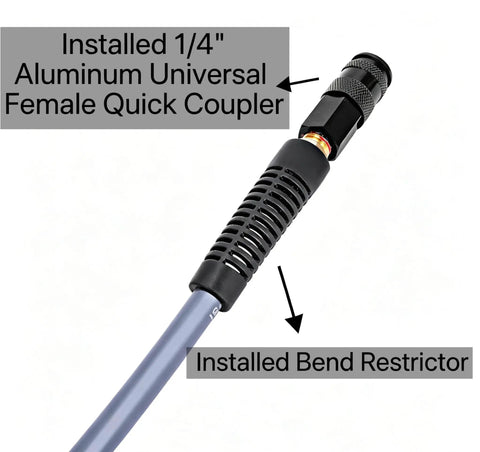 Installed 1/4 inch aluminum female quick coupler and bend restrictor on Built Like A Tank 10 Foot Air Compressor Hose.