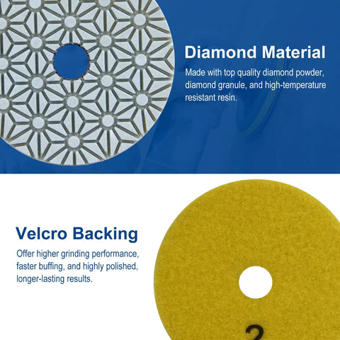 Close-up of 3 Piece 4 Inch Diamond Polishing Pad Set Wet Or Dry 50 To 6000 Grit with diamond pattern and Velcro backing.
