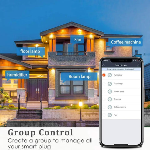 Exterior home with smart plug app interface showing group control for Dual Socket Smart Plugs With Alexa Google Home And Siri for energy monitoring.