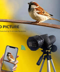Telescope Eyepiece Camera, 4MP Digital Camera, 2K Video Recording Via App capturing a bird on a branch, wireless connectivity shown