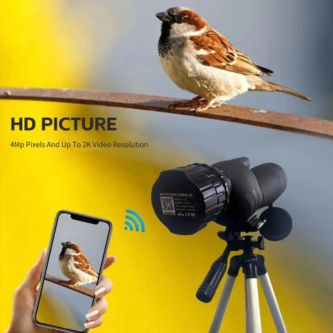 Telescope Eyepiece Camera, 4MP Digital Camera, 2K Video Recording Via App capturing a bird on a branch, wireless connectivity shown