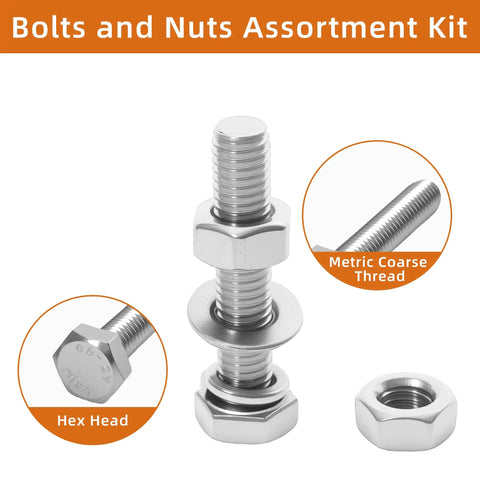 Heavy Duty Metric Bolt And Nut Assortment Kit With 408 Pieces Of M5 M6 M8 Hex Bolts Nuts And Washers In 304 Stainless Steel showing hex bolts and nuts.