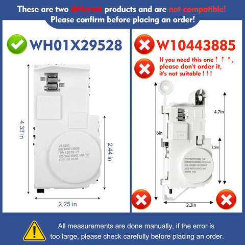 Top Notch Washer Door Lock Replacement Fits Whirlpool Maytag GE Appliances WH01X29528 dimensions comparison with W10443885.