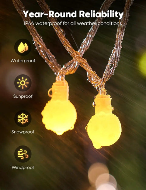 Close-up of Globe String Lights 33 Feet With 100 LED Bulbs Warm White Fairy Lights showing waterproof and weatherproof features.