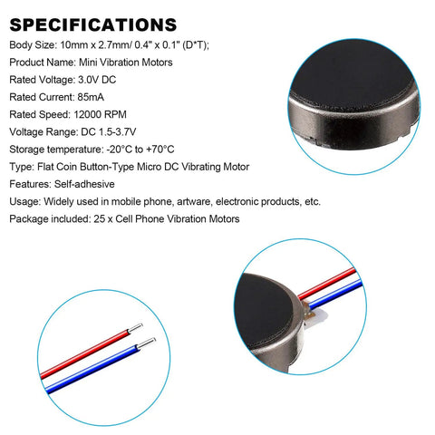 Flat Coin Vibration Motors 25 Pack Mini 10mm x 2.7mm DC 3V 12000 RPM Button Type Micro Vibe Motors for Smartphones, Tablets, Wearables