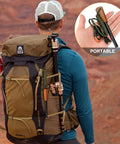 Man hiking with Survival Prepper Grade Fire Starter Kit With Handmade Wooden Handle Ferro Rod Three Eighths Inch Thick Striker