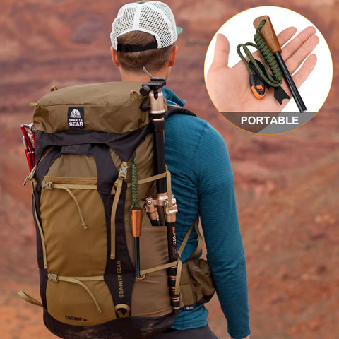 Man hiking with Survival Prepper Grade Fire Starter Kit With Handmade Wooden Handle Ferro Rod Three Eighths Inch Thick Striker