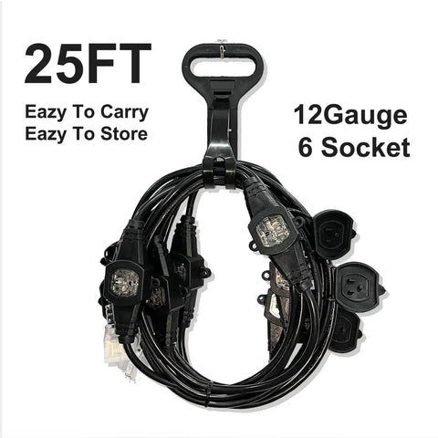 Heavy Duty 25Ft Power Extension Cord With 7 Evenly Spaced Outlets, 16 Gauge SJTW Cable From Male NEMA 5 15P To Female Connector
