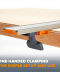 Pro Grade 50 Inch Circular Saw Guide Rail with rock solid clamping mechanism for easy one-handed setup on plywood.