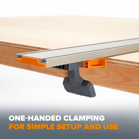 Pro Grade 50 Inch Circular Saw Guide Rail with rock solid clamping mechanism for easy one-handed setup on plywood.