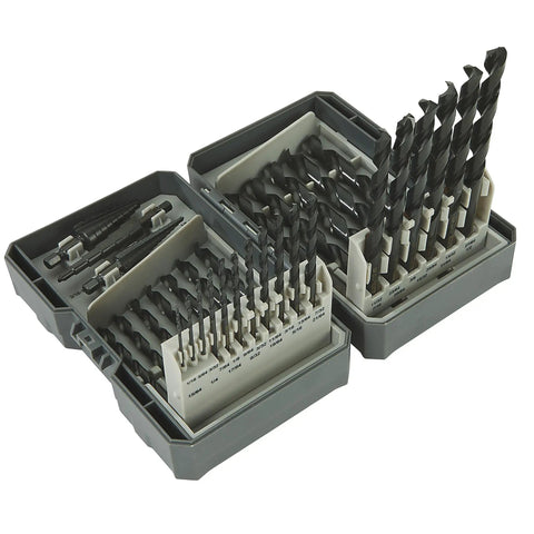 Open case displaying 32 Piece SAE High Speed Steel Drill Bit And Step Bit Set with organized arrangement of drill and step bits.