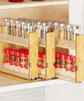 Make Your Kitchen Sing With Heavy Duty Bamboo Pull Out Spice Rack Cabinet Organizer showcasing three tiers of spices in jars on smooth glide bamboo shelves.