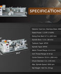 Benchtop Mini Metal Lathe With Nine By Twenty Four Inch Capacity 1100 Watt Brushless Motor 3000 Rpm Spindle specifications and dimensions.