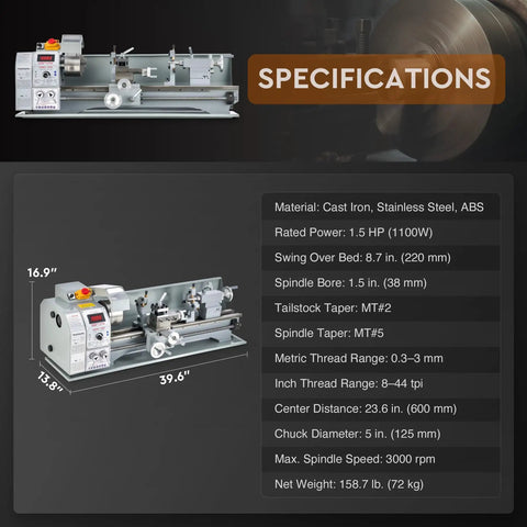 Benchtop Mini Metal Lathe With Nine By Twenty Four Inch Capacity 1100 Watt Brushless Motor 3000 Rpm Spindle specifications and dimensions.
