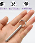 Hand holding 316 Stainless Steel Quick Release Pin With Spring Loaded Ball Tip Five Sixteenth Inch Diameter Two Point Four Two Inch Usable Length Saltwater Ready Rustproof Marine Hardware For Bimini Tops And Boats No Fuss Easy To Use Pin One Pack showing its features.