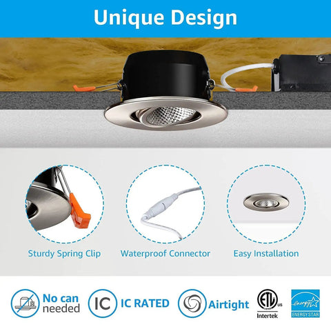 3 Inch Gimbal LED Recessed Lights With J-Box, 7W, Dimmable, CRI 90 Plus, Airtight Angled Eyeball Recessed Lighting, Satin Nickel Finish