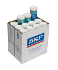Box of SKF grease tubes for bearings, labeled "SKF Bearing Grease," Heavy-Duty High-Load Extreme-Pressure Grease For Wide-Temperature Range Bearings.