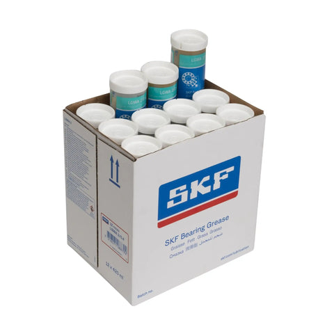 Box of SKF grease tubes for bearings, labeled "SKF Bearing Grease," Heavy-Duty High-Load Extreme-Pressure Grease For Wide-Temperature Range Bearings.