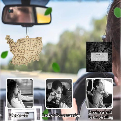 Wooden USA Map Wall Decor For Travel Buffs With All 50 State Abbreviations Engraved Ornament hanging from rearview mirror