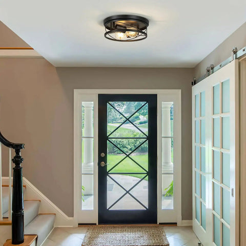 Black Industrial Round Flush Mount Ceiling Lights 2 Pack For Hallway Bedroom And Kitchen, Metal Farmhouse Style Installed