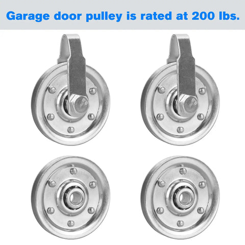 Four pulleys in Heavy Duty Garage Door Cable And Spring Conversion Kit With Pulley System For Quiet Smooth Operation.