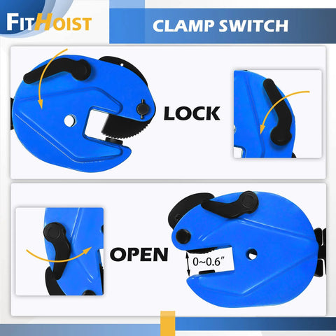 FitHoist blue vertical plate clamp for lifting and transporting; 0.8-ton capacity, 0.6-in jaw opening.