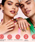 People showcasing manicured nails with Six Macaron Color Gel Nail Polishes Set With 0.56 Fl Oz Tilt Stand Bottles Dope Pigment.