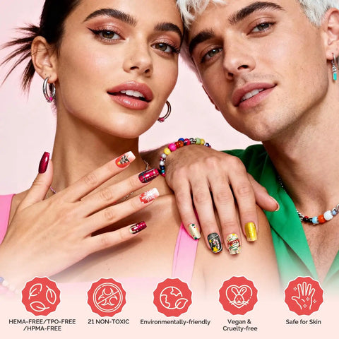 People showcasing manicured nails with Six Macaron Color Gel Nail Polishes Set With 0.56 Fl Oz Tilt Stand Bottles Dope Pigment.