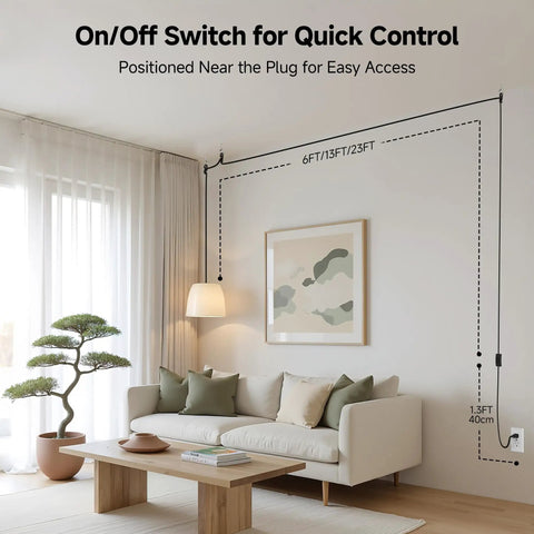 Living room setting with 2 Pack Plug In Hanging Light Cord With Switch 15 Foot Pendant Light Cord With Lamp Socket