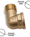 Brass 90-degree elbow adapter, side view, 3/4 inch male to 3/4 inch female threaded ends.