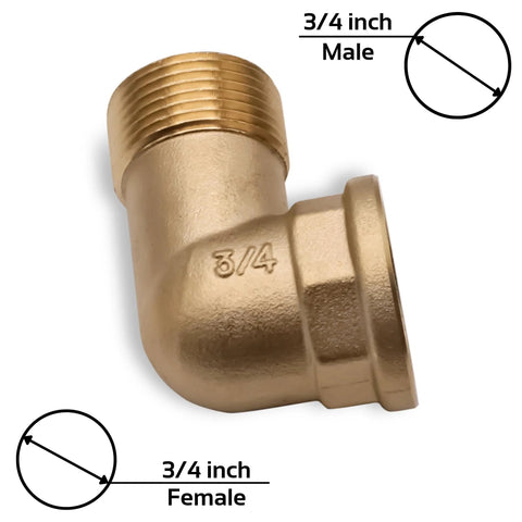 Brass 90-degree elbow adapter, side view, 3/4 inch male to 3/4 inch female threaded ends.
