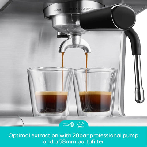 Ultra Espresso Machine With LCD Display And Powerful Milk Frother brewing two espressos with 20-bar pump and 58mm portafilter