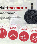 Go To 16 Inch Bike Inner Tubes Pack, 16x1.75 to 2.125 Range, 2 Durable AV32mm Schrader Valve Tubes, all terrain icons