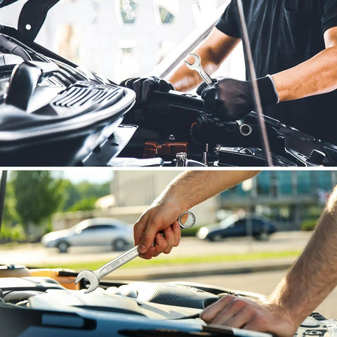 Mechanic using 18mm Industrial Grade Chrome Vanadium Wrench with Forged Heat Treated Construction on car engine