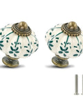 Ivory And Green Ceramic Pumpkin Cabinet Knobs Six Pack Vintage Drawer Pulls With Screws For Antique Dresser Pulls Green Flower Design, 34.9 mm