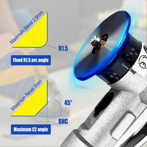 Close-up of Heavy Duty Mini Pneumatic Chamfering Tool showing fixed R1.5 arc angle and maximum bevel details for precision edge.