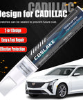Cadillac Black Raven Touch Up Paint Kit 2 In 1 Scratch Remover Pen With 2 Disposable Micro Applicators against Cadillac car image.