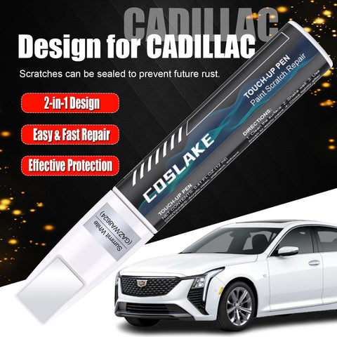 Cadillac Black Raven Touch Up Paint Kit 2 In 1 Scratch Remover Pen With 2 Disposable Micro Applicators against Cadillac car image.