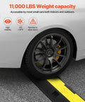 Car wheel on Three Pack 2 Channel Cable Protector Ramp With 11000 Lbs Per Axle Capacity For Driveways, rubber speed bump visible