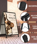 Double Sided 24x36 Inch Street Poster Sign Heavy Duty Folding Sidewalk Board With Slide In Steel Frame Outdoor Indoor Advertising That Grabs Attention For Businesses displayed outside a cafe with coffee themed poster.