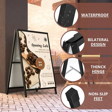 Double Sided 24x36 Inch Street Poster Sign Heavy Duty Folding Sidewalk Board With Slide In Steel Frame Outdoor Indoor Advertising That Grabs Attention For Businesses displayed outside a cafe with coffee themed poster.