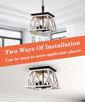 Rustic Farmhouse Pendant Light Fixture With Open Cage Design, Matte Black 4 Light Industrial Chandelier, two installations shown