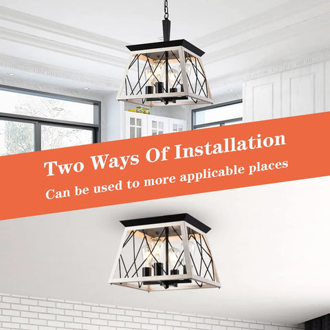 Rustic Farmhouse Pendant Light Fixture With Open Cage Design, Matte Black 4 Light Industrial Chandelier, two installations shown