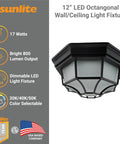 Slick 12 Inch LED Octagonal Outdoor Wall Or Ceiling Flush Mount Light With Dimmable And Selectable 3000K 4000K 5000K CCT