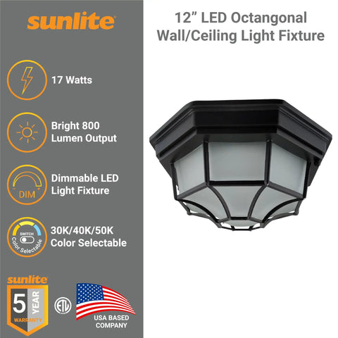 Slick 12 Inch LED Octagonal Outdoor Wall Or Ceiling Flush Mount Light With Dimmable And Selectable 3000K 4000K 5000K CCT
