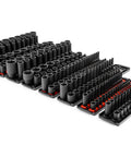 230-Piece Impact Socket Set With Rails And Trays, 1/4, 3/8, 1/2 Inch Drive, 6-Point, Dual Markings, Full-Length Socket Wells, SAE And Metric Sizes