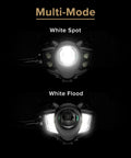 Hardworking Tactical LED Headlamp with Five LEDs 650 Lumen Spot and Flood Beam Plus Hardhat Mount showing white spot and flood modes